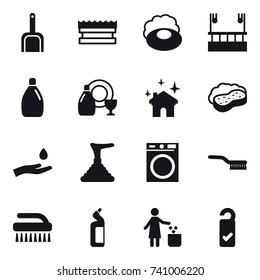 16 vector icon set : scoop, sponge, soap, skyscapers cleaning, cleanser, dish cleanser, house cleaning, sponge with foam, hand and drop, plunger, washing machine, brush, toilet cleanser, garbage bin