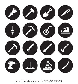 16 vector icon set : Scratcher tool, Brick hammer, Bump cutter, Cordless drill, Crowbar, Boning rod, Plumb bob, Hoe, Measuring wheel isolated on black background