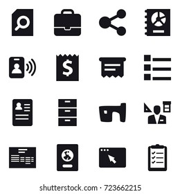 16 vector icon set : search document, portfolio, share, annual report, pass card, receipt, atm receipt, list, slum, architector, passport, clipboard list