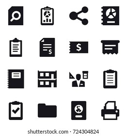 16 vector icon set : search document, report, share, annual report, clipboard, account balance, receipt, atm receipt, copybook, modular house, architector, passport