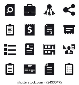 16 vector icon set : search document, portfolio, share, clipboard, receipt, account balance, atm receipt, list, modular house, architector, clipboard list
