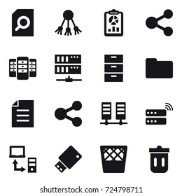 16 vector icon set : search document, share, report, server, trash bin