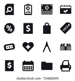 16 vector icon set : search document, report, money, calendar, percent, receipt, shopping bag, sale label, ticket, drawing compass