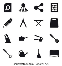 16 vector icon set : search document, share, abacus, pencil, drawing compass, iron board, cutting board, stands for knives, saute pan, garlic clasp, whisk, watering can, broom, sponge