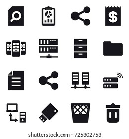 16 vector icon set : search document, report, share, receipt, server, trash bin