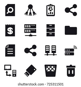 16 vector icon set : search document, share, report, receipt, server, trash bin