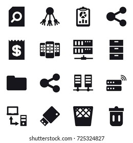 16 vector icon set : search document, share, report, receipt, server, trash bin