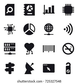 16 vector icon set : search document, annual report, graph, chip, diagram, globe connect, wireless, server, cardio chip, barcode, no smoking, signpost, satellite antenna, do not distrub