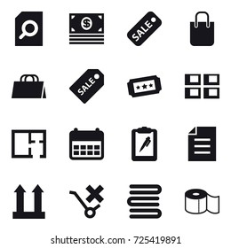 16 vector icon set : search document, money, sale, shopping bag, sale label, ticket, panel house, plan, towels, toilet paper