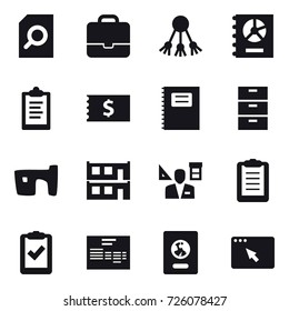 16 vector icon set : search document, portfolio, share, annual report, clipboard, receipt, copybook, slum, modular house, architector, passport