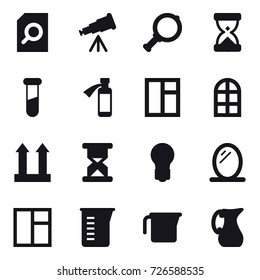 16 vector icon set : search document, telescope, magnifier, window, arch window, bulb, mirror, measuring cup, jug