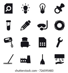 16 vector icon set : search document, bulb, nipple, pencil, diving mask, lifebuoy, mixer, toaster, rake, factory, broom, hand dryer