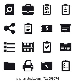 16 vector icon set : search document, portfolio, report, clipboard, share, receipt, atm receipt, list, modular house, clipboard list