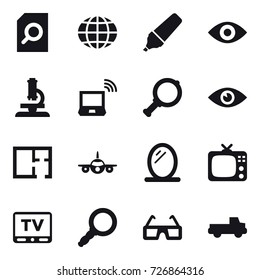 16 vector icon set : search document, globe, marker, eye, microscope, notebook wireless, magnifier, plan, mirror, tv, pickup
