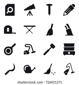 16 vector icon set : search document, telescope, nail, pencil, measuring tape, iron board, broom, stands for knives, pan, vacuum cleaner, meat hammer, sickle, watering can