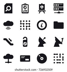 16 vector icon set : search document, report, presentation, server, cloud wireless, chip, info, escalator, do not distrub, satellite antenna