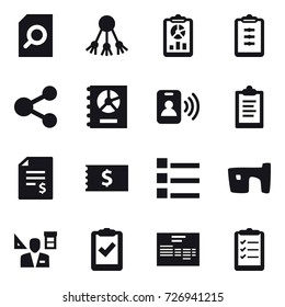 16 vector icon set : search document, share, report, clipboard, annual report, pass card, account balance, receipt, list, slum, architector, clipboard list