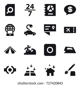 16 vector icon set : search document, 24/7, annual report, money message, notebook globe, electric car, ticket, tent, surfer, ring button, iron, clean floor, house cleaning, toilet brush