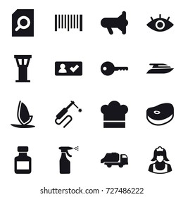 16 vector icon set : search document, barcode, megafon, airport tower, check in, key, yacht, windsurfing, cook hat, pills bottle, sprayer, trash truck, cleaner