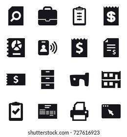 16 vector icon set : search document, portfolio, clipboard, receipt, annual report, pass card, account balance, slum, modular house