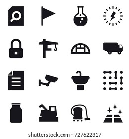 16 vector icon set : search document, flag, round flask, lightning, lock, tower crane, greenhouse, surveillance, harvester, vacuum cleaner, clean floor