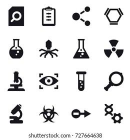 16 vector icon set : search document, clipboard, molecule, hex molecule, round flask, virus, flask, nuclear, microscope, eye identity, vial, magnifier