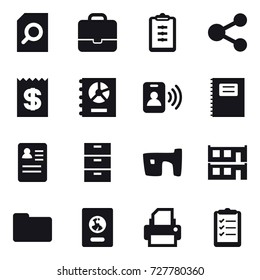 16 vector icon set : search document, portfolio, clipboard, share, receipt, annual report, pass card, copybook, slum, modular house, passport, clipboard list