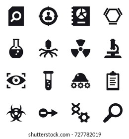 16 vector icon set : search document, target audience, annual report, hex molecule, round flask, virus, nuclear, microscope, eye identity, vial, lunar rover, clipboard