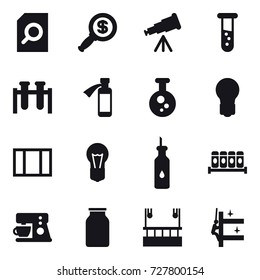 16 vector icon set : search document, dollar magnifier, telescope, vial, bulb, window, skyscapers cleaning, skyscrapers cleaning