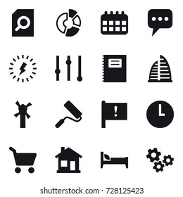 16 vector icon set : search document, circle diagram, calendar, message, lightning, equalizer, copybook, skyscraper, windmill, repair, cart, home, bed, gears