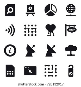 16 vector icon set : search document, presentation, diagram, globe connect, wireless, chip, cardio chip, shop signboard, info, satellite antenna, do not distrub