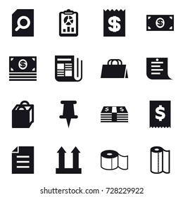 16 vector icon set : search document, report, receipt, money, newspaper, shopping bag, shopping list, toilet paper, paper towel