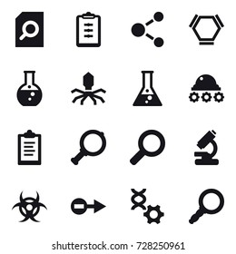 16 vector icon set : search document, clipboard, molecule, hex molecule, round flask, virus, flask, lunar rover, magnifier