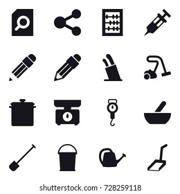 16 vector icon set : search document, share, abacus, pencil, stands for knives, vacuum cleaner, pan, kitchen scales, handle scales, mortar, shovel, bucket, watering can, scoop