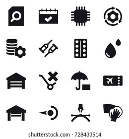 16 vector icon set : search document, calendar, chip, around gear, virtual mining, garage, ticket, wiping