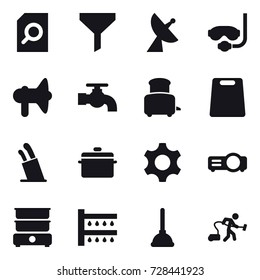 16 vector icon set : search document, funnel, satellite antenna, diving mask, loudspeaker, water tap, toaster, cutting board, stands for knives, pan, watering, plunger, vacuum cleaner