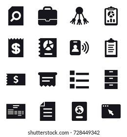 16 vector icon set : search document, portfolio, share, report, receipt, annual report, pass card, clipboard, atm receipt, list, passport