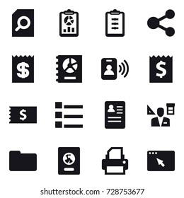 16 vector icon set : search document, report, clipboard, share, receipt, annual report, pass card, list, architector, passport