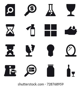 16 vector icon set : search document, dollar magnifier, flask, wineglass, window, bulb, mirror, coffee maker, wine