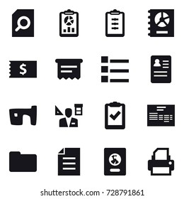 16 vector icon set : search document, report, clipboard, annual report, receipt, atm receipt, list, slum, architector, passport