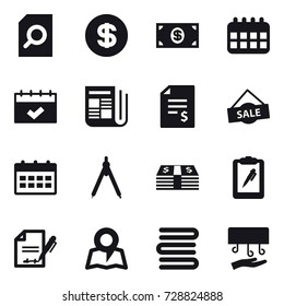 16 vector icon set : search document, dollar, money, calendar, newspaper, account balance, sale, drawing compass, map, towels, hand dryer