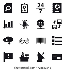16 vector icon set : search document, report, 24/7, annual report, graph, chip, globe connect, notebook connect, cloude service, smart glasses, barcode, list, reception, satellite antenna