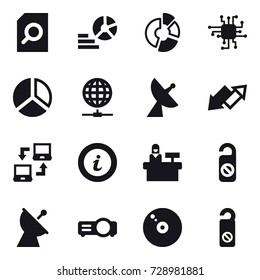 16 vector icon set : search document, diagram, circle diagram, chip, globe connect, satellite antenna, up down arrow, notebook connect, info, reception, do not distrub