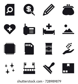 16 vector icon set : search document, dollar arrow, pencil, purse, hospital, landscape, harvest, shining, skyscapers cleaning, scraper, package