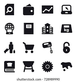 16 vector icon set : search document, wallet, statistic, notebook, notebook globe, copybook, building, passenger, cart, mixer, flower, spot
