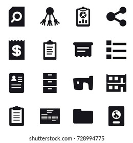 16 vector icon set : search document, share, report, receipt, clipboard, atm receipt, list, slum, modular house, passport