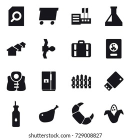 16 vector icon set : search document, delivery, store, houses, suitcase, passport, life vest, fridge, fence, corn