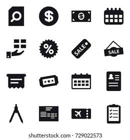 16 vector icon set : search document, dollar, money, calendar, gift, percent, sale, atm receipt, ticket, drawing compass, clipboard list