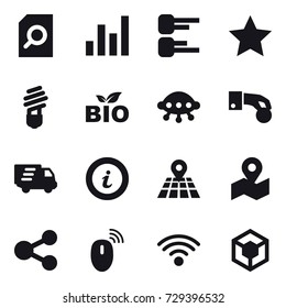 16 vector icon set : search document, graph, diagram, star, bulb, bio, ufo, hand coin, delivery, info