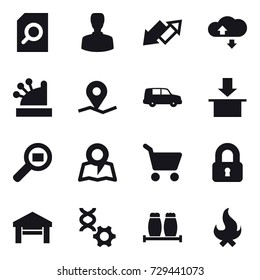 16 vector icon set : search document, man, up down arrow, cloude service, cashbox, map, cart, locked, garage, fire